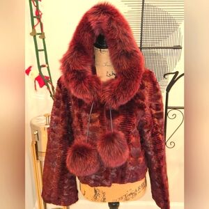 Authentic mink short jacket, burgundy L